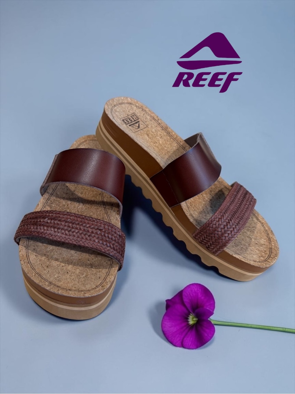 Reef Women's Brown Braided Two‑Band Platform Slides